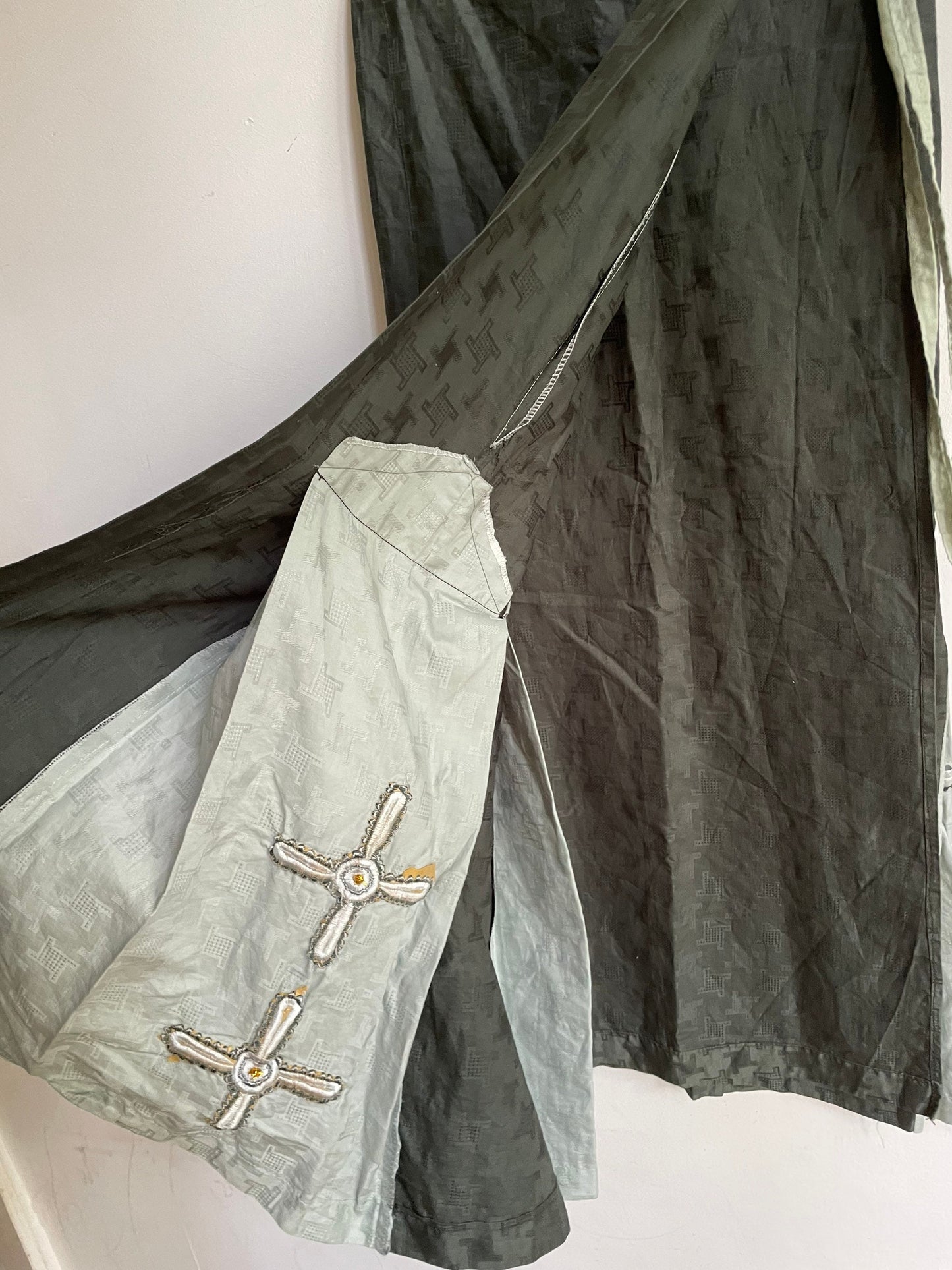 Handmade Sarong with embroidered cross, Vintage green summer skirt, costume, church clothing,