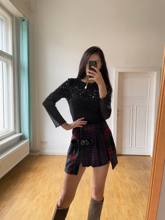 Chic black sheer long sleeves shirt by Luisa Cerano, See through glitter shirt, Vintage black top, Festive outfit