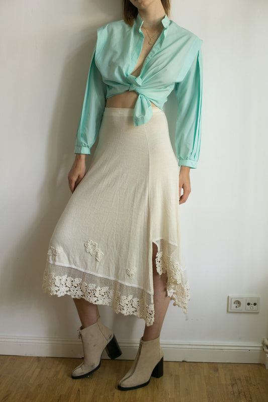 Cool unisex vintage blouse, Turquoise long sleeve button down top, 80s vibrant party blouse, Futuristic oversized wrap top