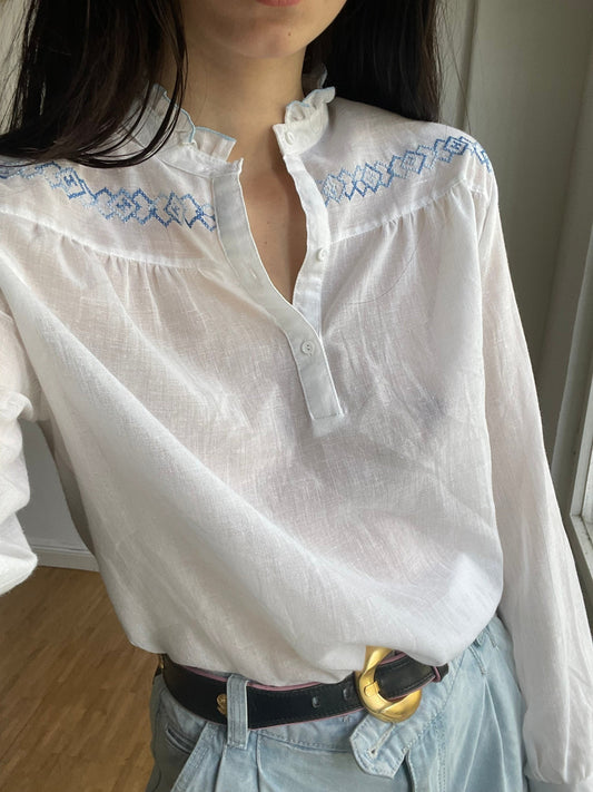 Antique Sheer White French Blouse Cottage Core White Top Edwardian Sheer Summer Blouse Hungarian Folklore Blouse — detail