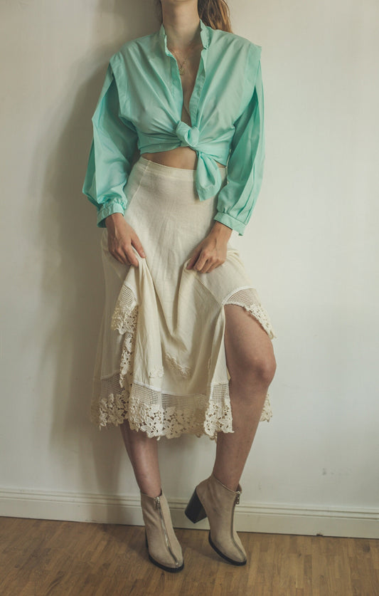 Vintage Turquoise Oversized Button Down Blouse — detail