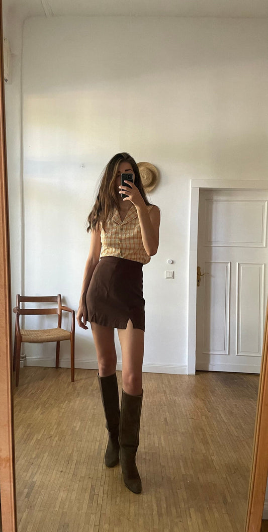 Vintage Sleeveless Gingham Blouse in Yellow Orange Check | 90s Picnic Style Top | Cotton Blend | Inspired by Alexa Chung Summer Looks