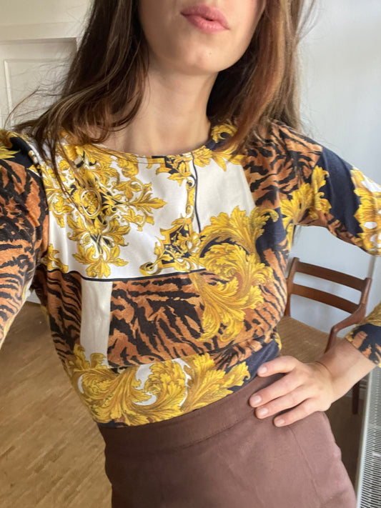 Vintage Baroque bodysuit, Retro long sleeve woman once piece, Dance clothing for women, Tiger print body