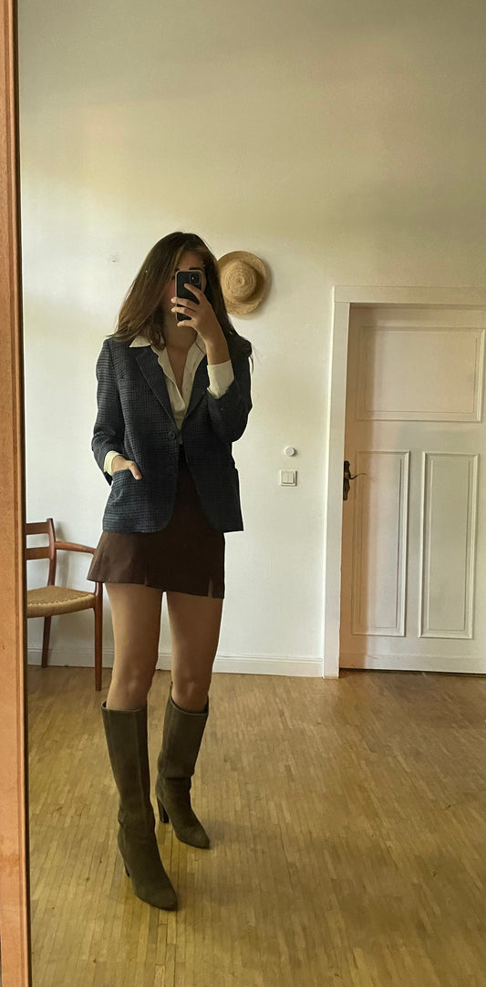 Vintage Dark academia blazer, Navy blue smart blazer, Wool plaid jacket, Autumn blazer, Dark blue check women's clothing