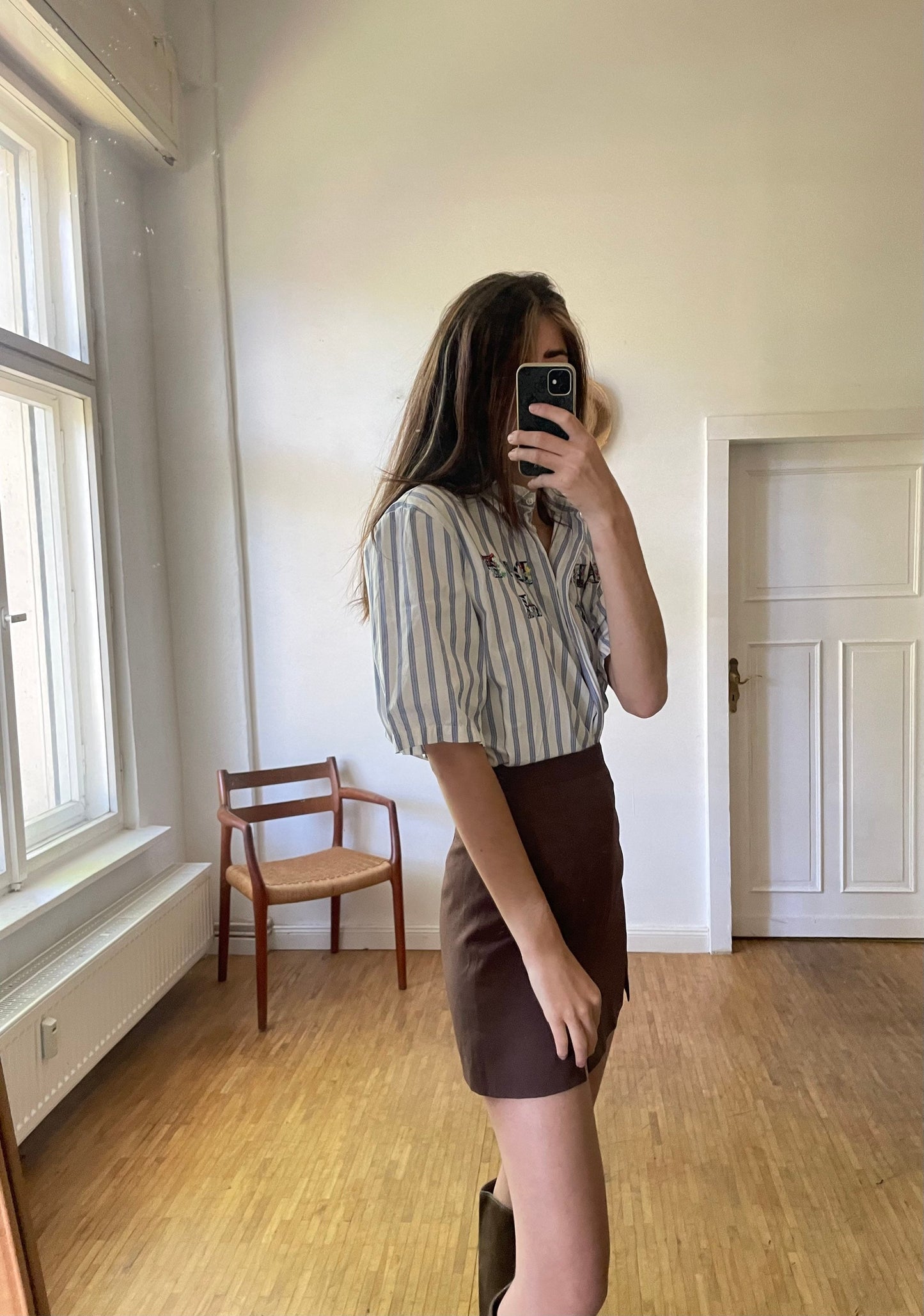 A B C teacher shirt, Blue and white striped vintage woman blouse, Cotton button up shirt, Embroidered retro clothing, Oversized blouse