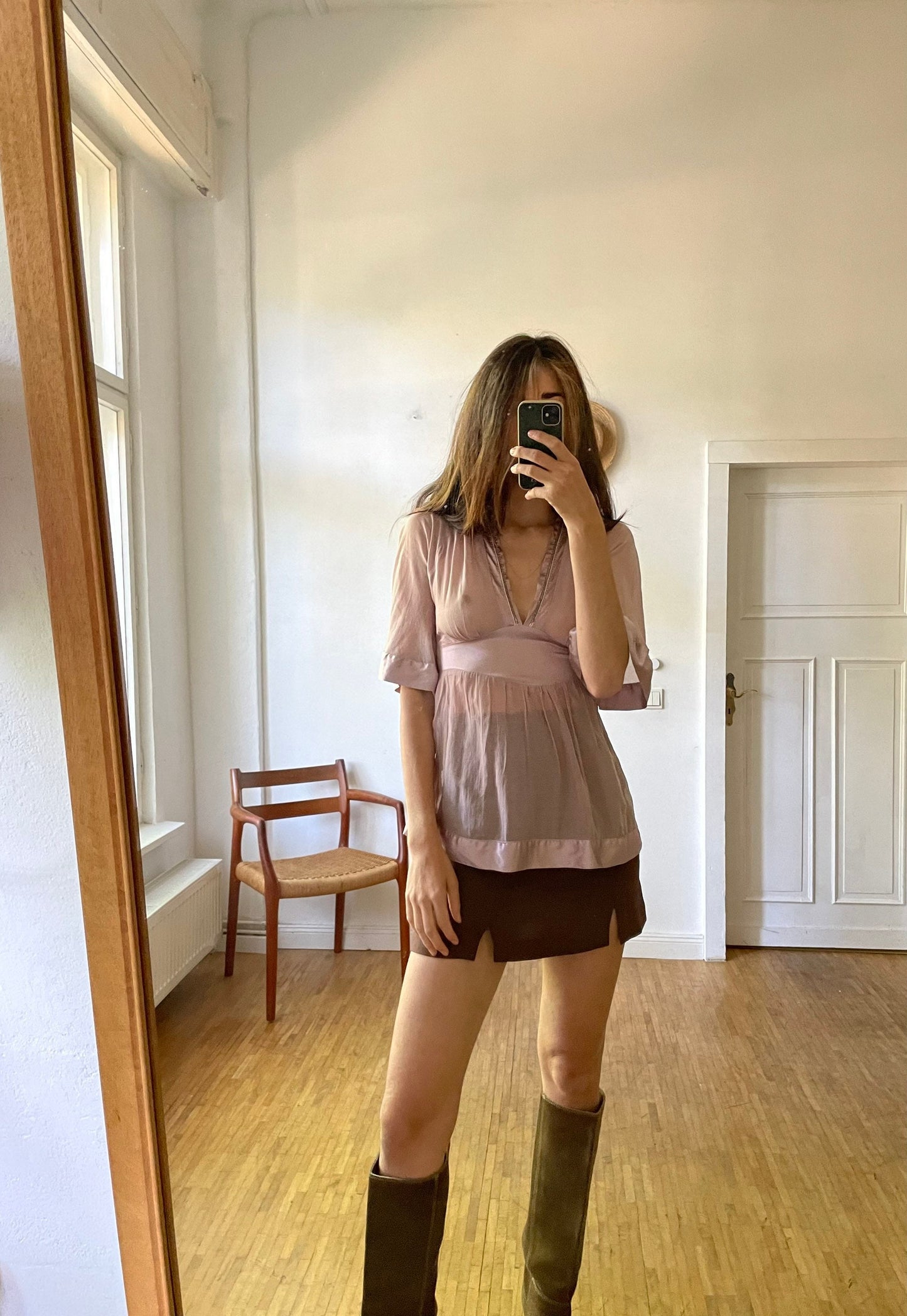 Dusty pink sheer woman blouse, Babydoll half sleeve sexy see through top, Beaded festive feminine blouse, Elegant deep v camisole