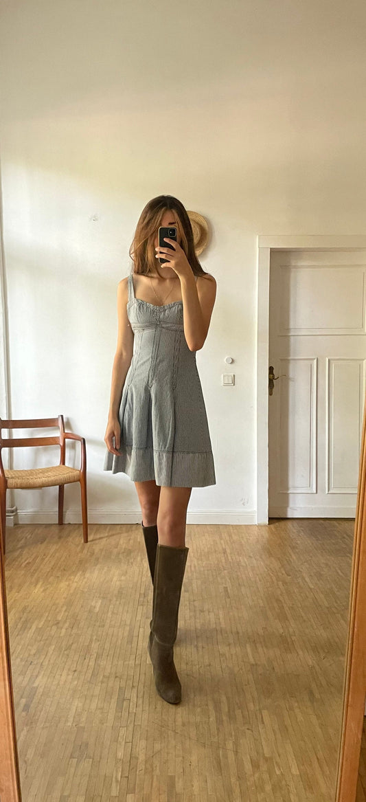 Sportmax Code vintage blue and white summer dress, Designer mini dress, Elegant sweetheart dress, Pleated dress, S