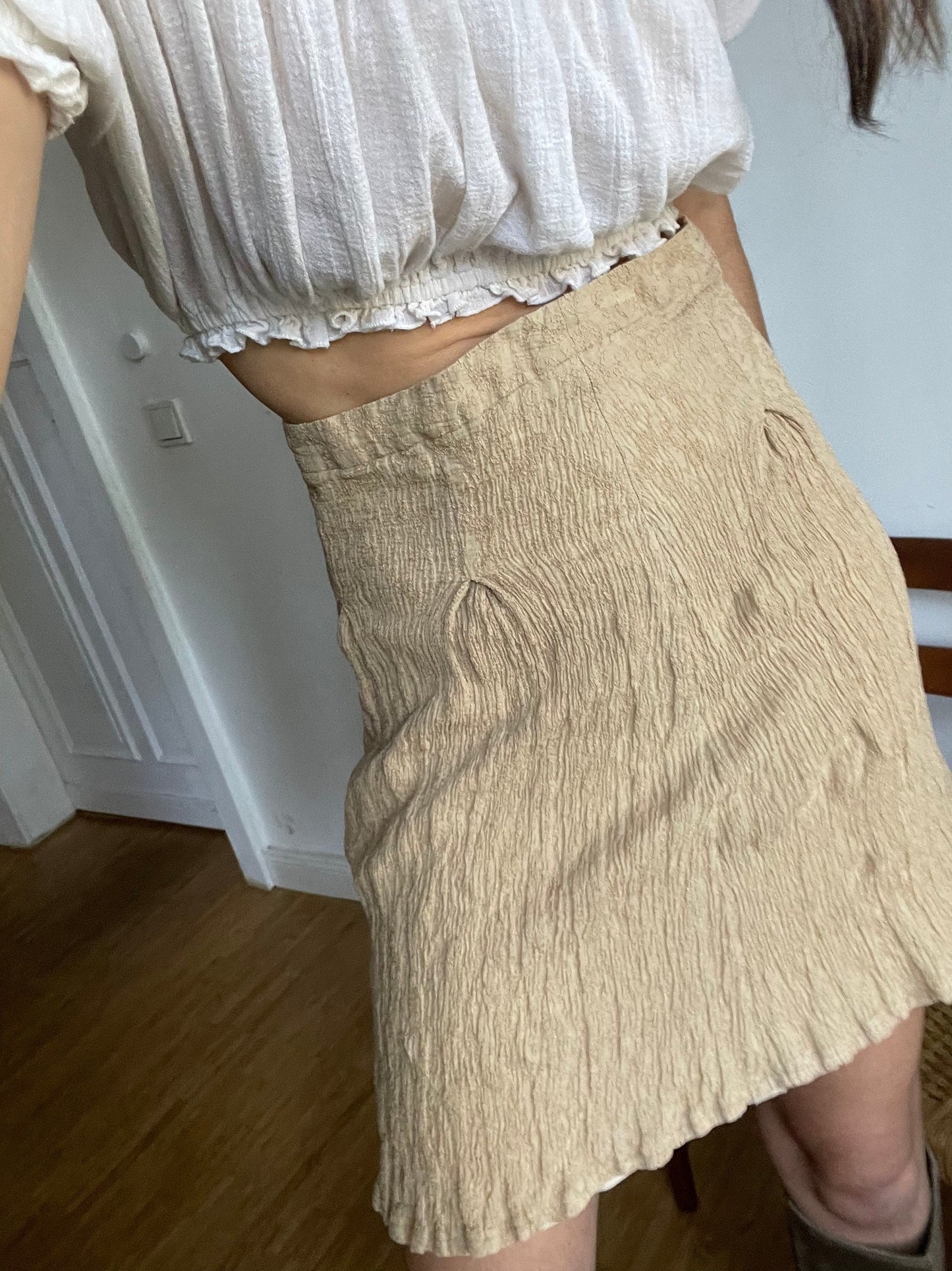 Caramel summer skirt, Tan high waist feminine midi skirt.
