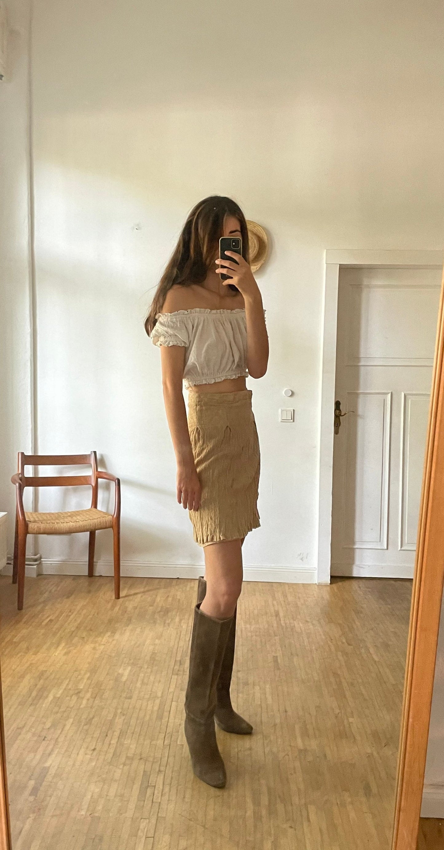 Caramel summer skirt, Tan high waist feminine midi skirt.
