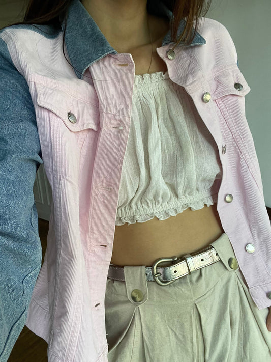 Escada sport denim jacket, Baby pink and light blue summer coat, Vintage high end statement piece, Y2K oversized jeans jacket, M-L