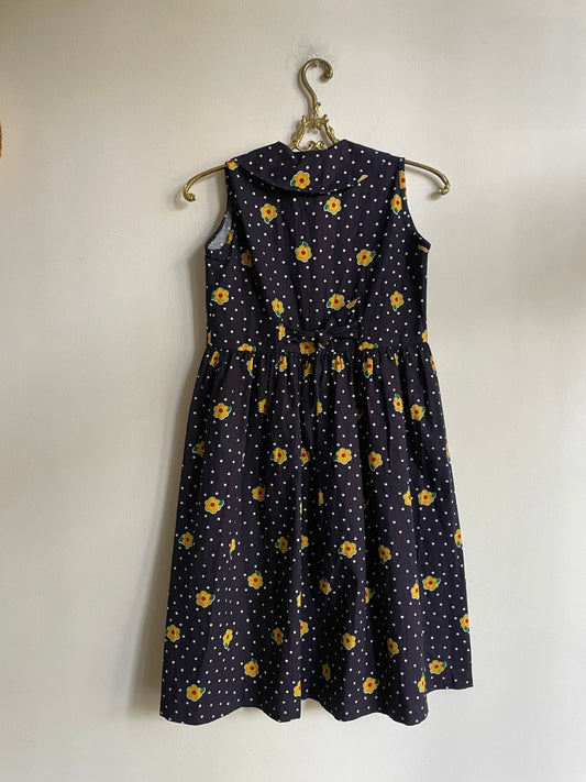 Handmade vavy blue floral dress, Vintage girl clothing, Sustainable Retro wear,