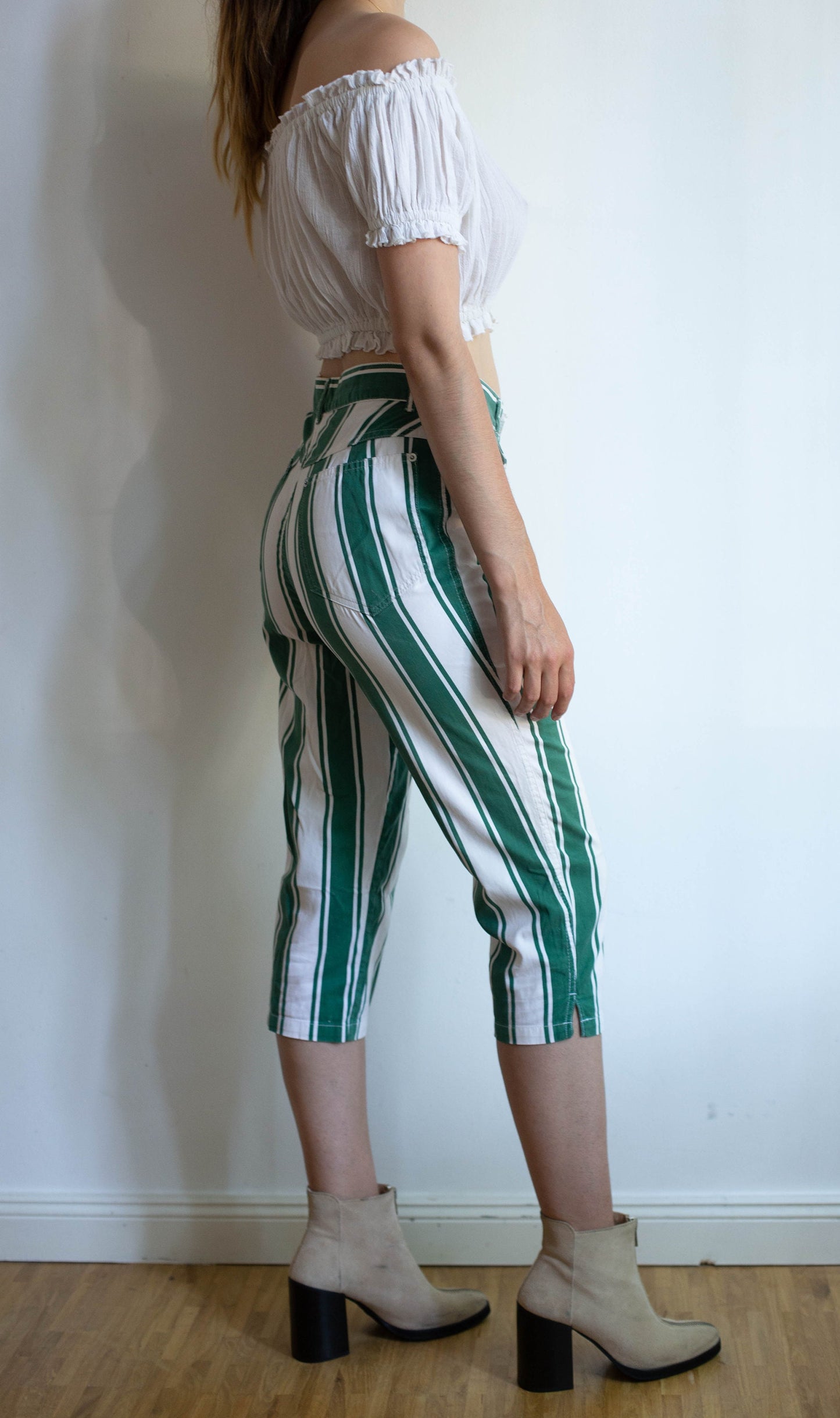 Marc Cain Vintage green and white striped 50s housewife pants, Retro striped pants, cropped vintage pants