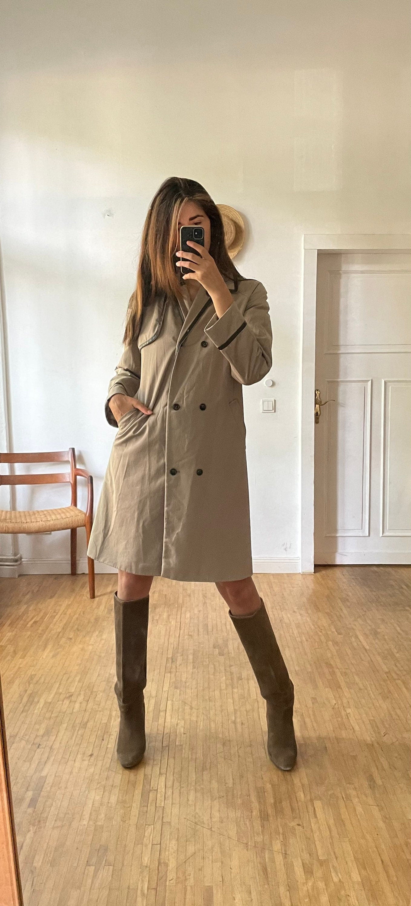 Vintage MCM Tan Trench Coat with Dark Leather Details, Designer Autumn Capsule Wardrobe Staple, Stylish Fall Outerwear