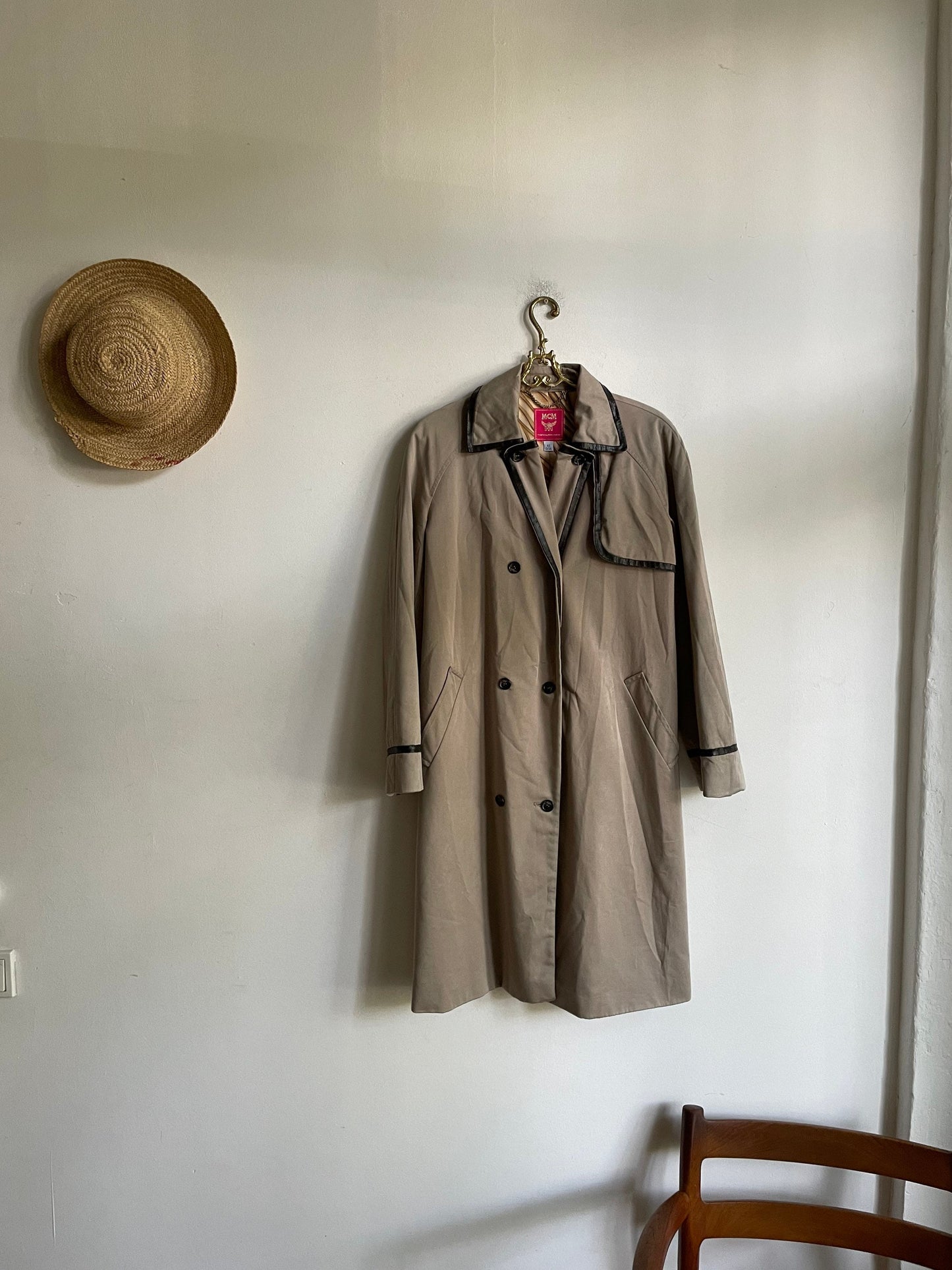 Vintage MCM Tan Trench Coat with Dark Leather Details, Designer Autumn Capsule Wardrobe Staple, Stylish Fall Outerwear