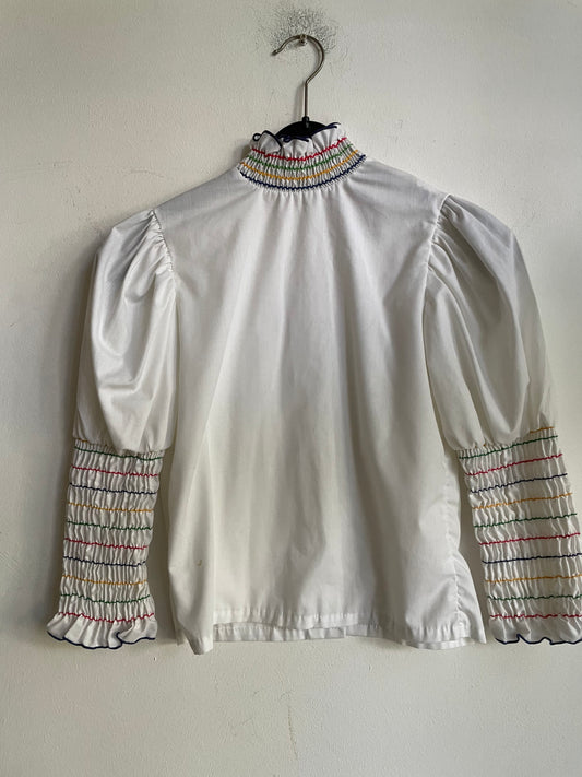 Hungarian Folk Blouse Vintage Puff Sleeve Top with Striped Embroidery, Romantic Cottagecore Vyshyvanka Ukrainian Embroidered Shirt