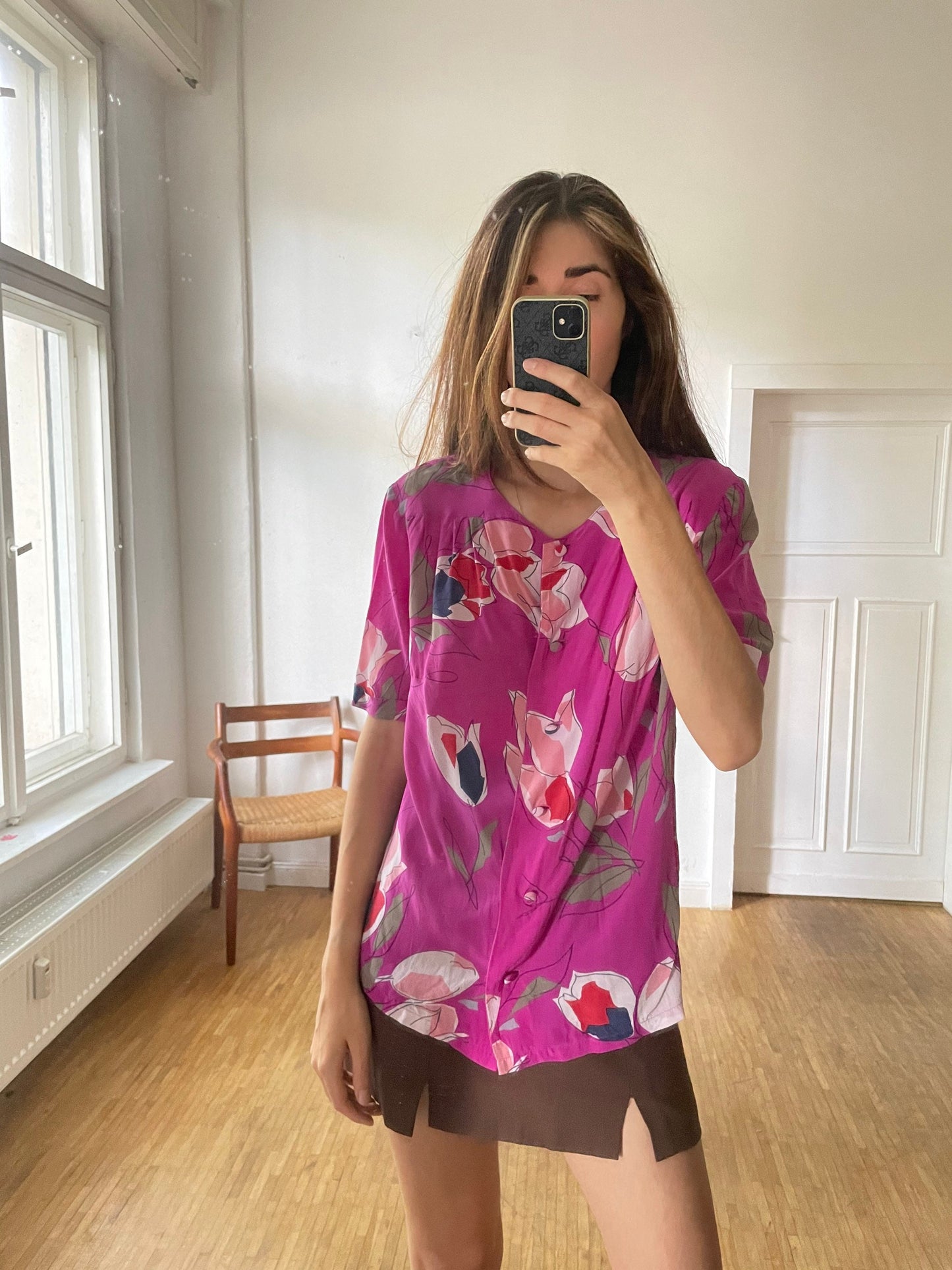 Vintage floral blouse in bold fuchsia with abstract tulip print, silk-feel slouchy fit top, romantic retro 90s aesthetic, Rachel Green vibe