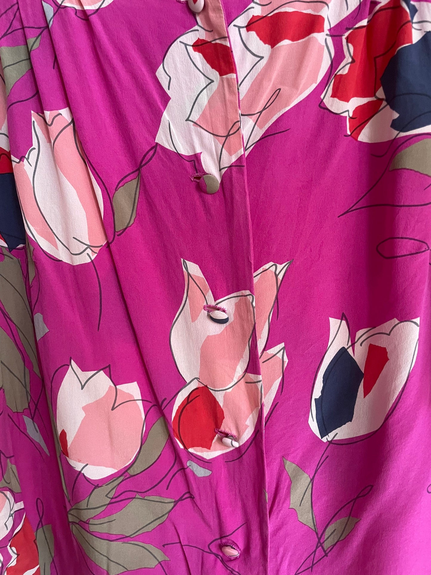 Vintage floral blouse in bold fuchsia with abstract tulip print, silk-feel slouchy fit top, romantic retro 90s aesthetic, Rachel Green vibe