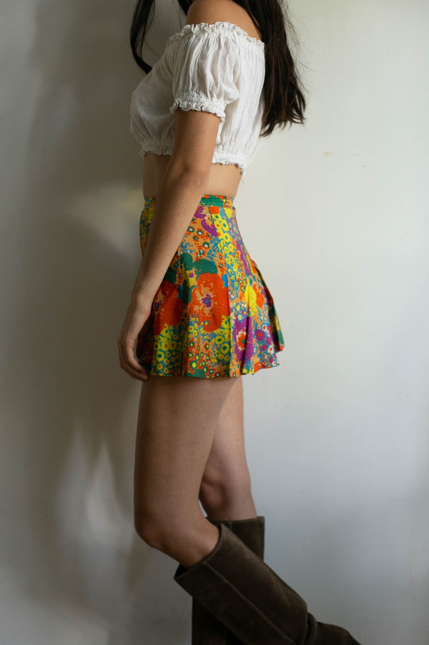 Vintage 70s Handmade Floral Micro Skort – Pleated Summer Festival Mini