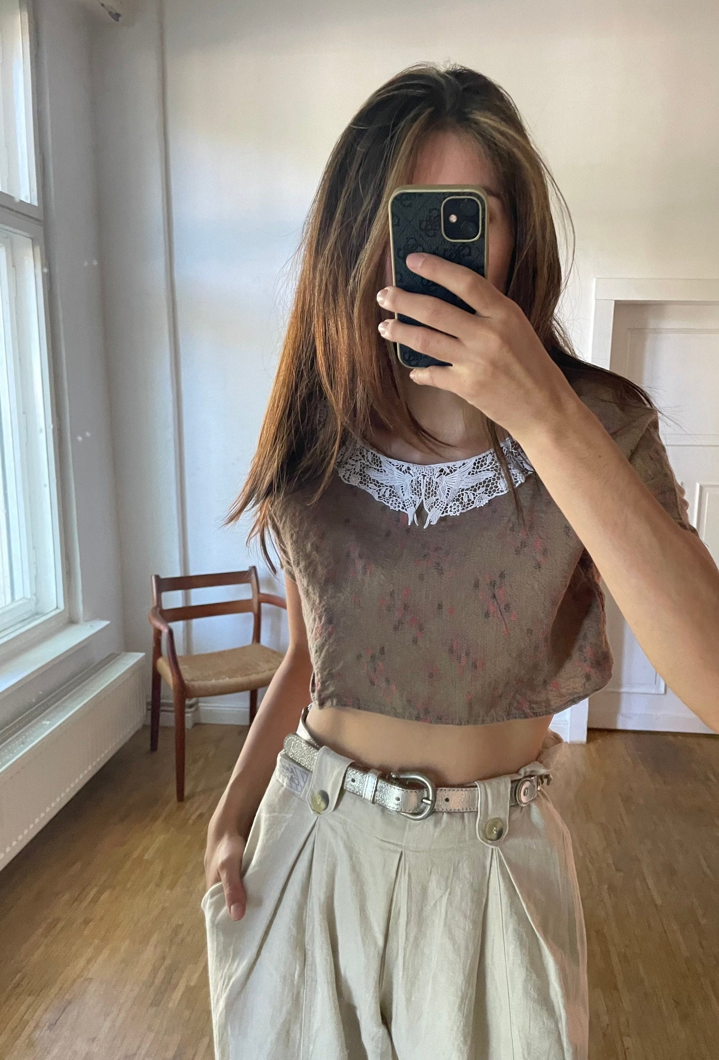 Cottage core romantic lace and wool crop top, Sweet handmade summer blouse, Feminine Woman farm core blouse, XXS - XS