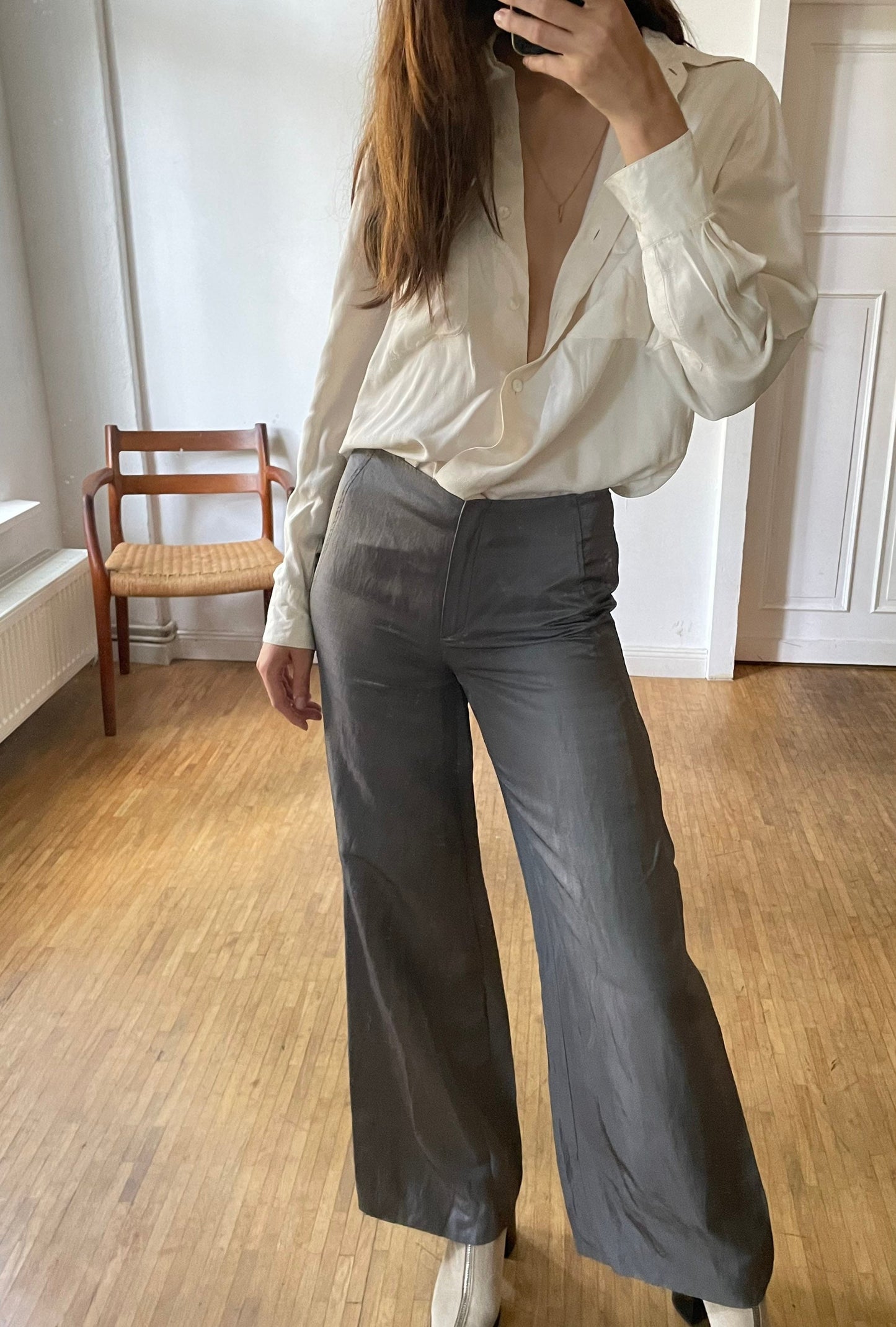 Claudia Sträter Vintage Grey Trousers – Linen Blend Wide-Leg Pants with Ankle Button Detail – Designer Office to Evening Style – Size 36