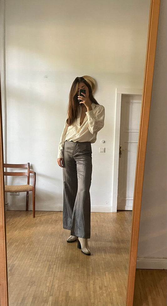 Claudia Sträter Vintage Grey Trousers – Linen Blend Wide-Leg Pants with Ankle Button Detail – Designer Office to Evening Style – Size 36