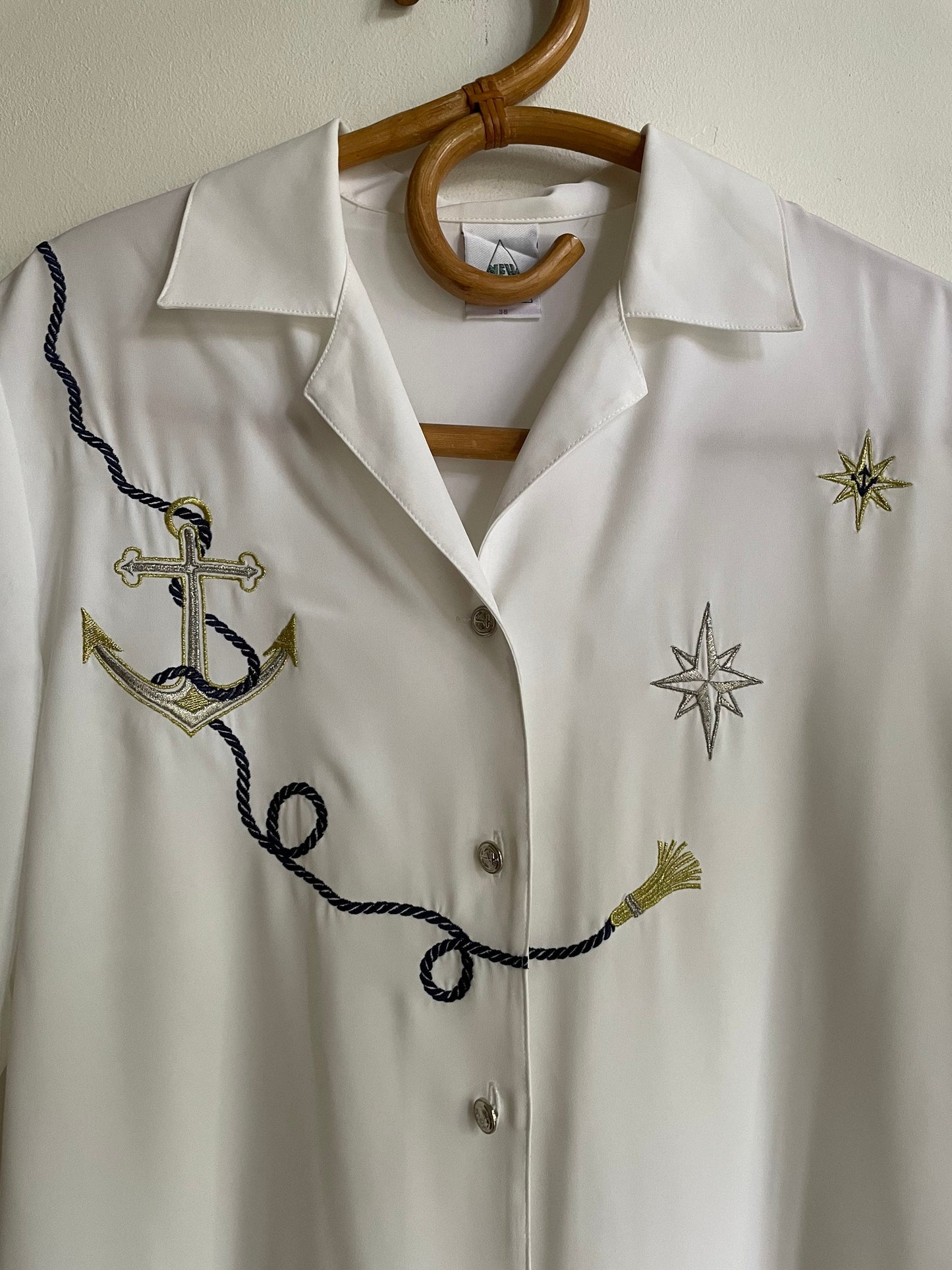 White Sailor vintage woman blouse, Maritime themed shirt, Oversized blouse, button up statement blouse, Deadstock women's clothing
