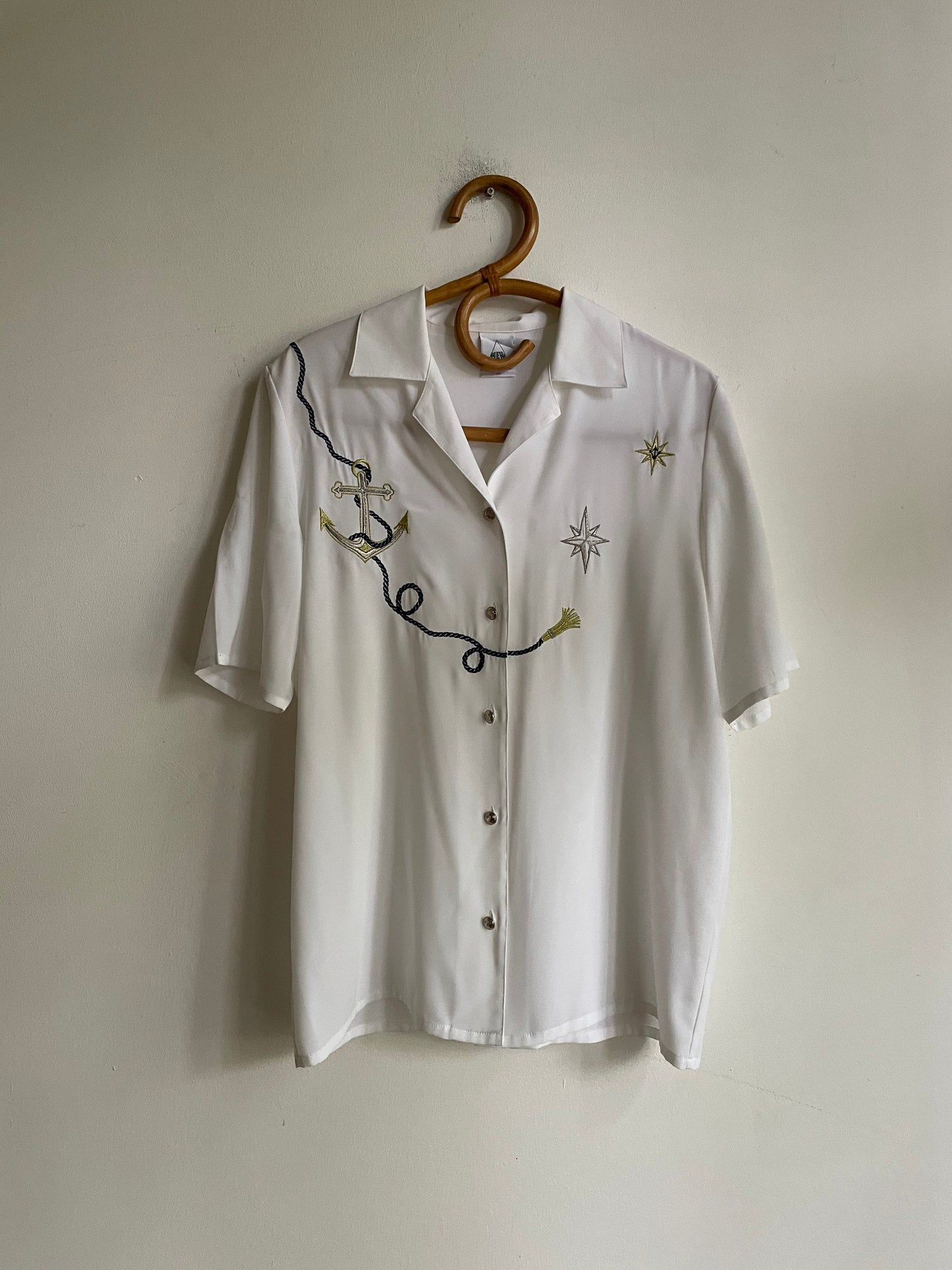 White Sailor vintage woman blouse, Maritime themed shirt, Oversized blouse, button up statement blouse, Deadstock women's clothing