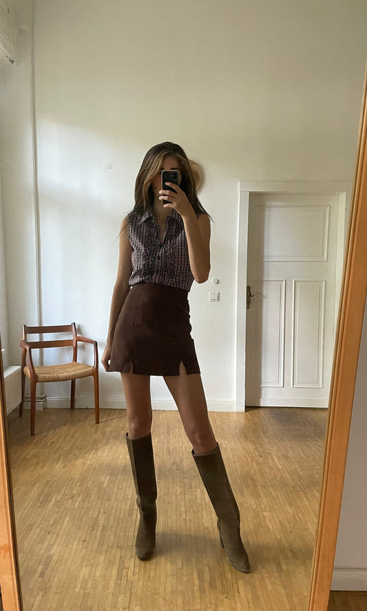 Blue, red and white plaid camisole shirt, Sleeveless woman blouse with ruffles, Gingham fabric top, S