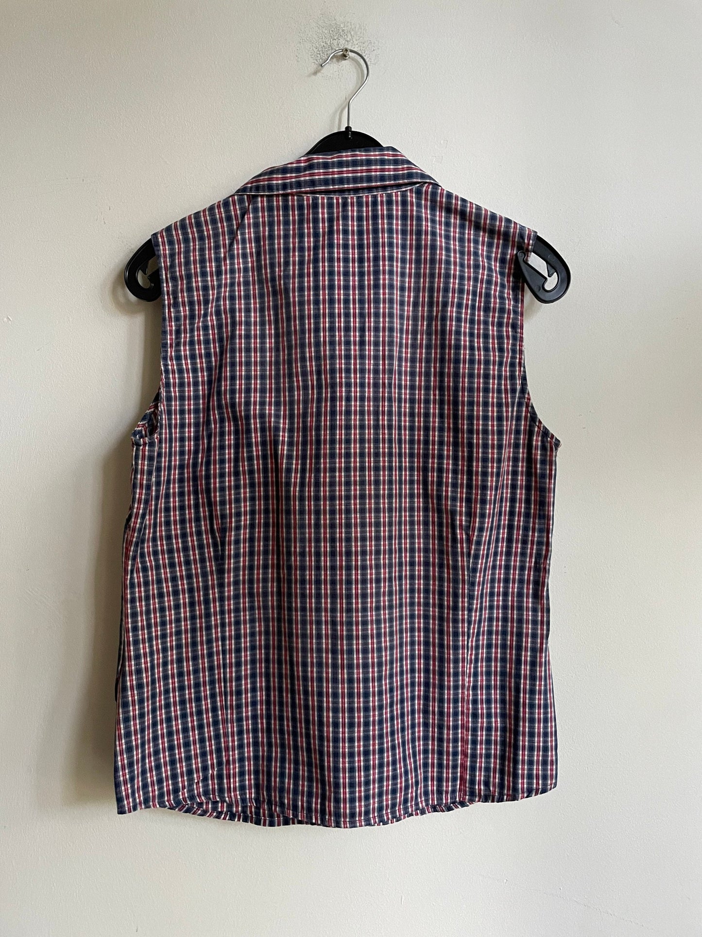 Blue, red and white plaid camisole shirt, Sleeveless woman blouse with ruffles, Gingham fabric top, S