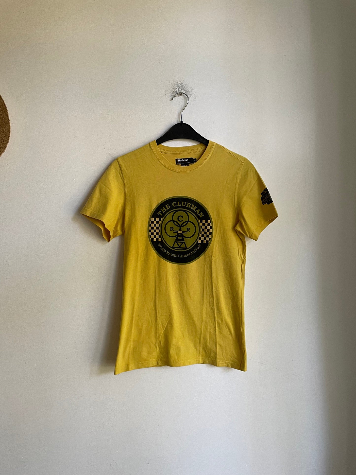 Barbour vintage yellow racing T shirt, 90s logo T shirt, Casual street style, Retro T shirt, S