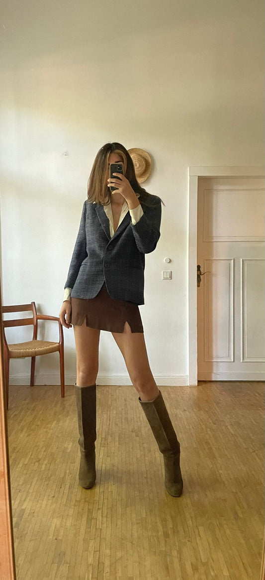 Vintage Wool Blazer Jacket – Blue Brown Plaid – Academia Aesthetic