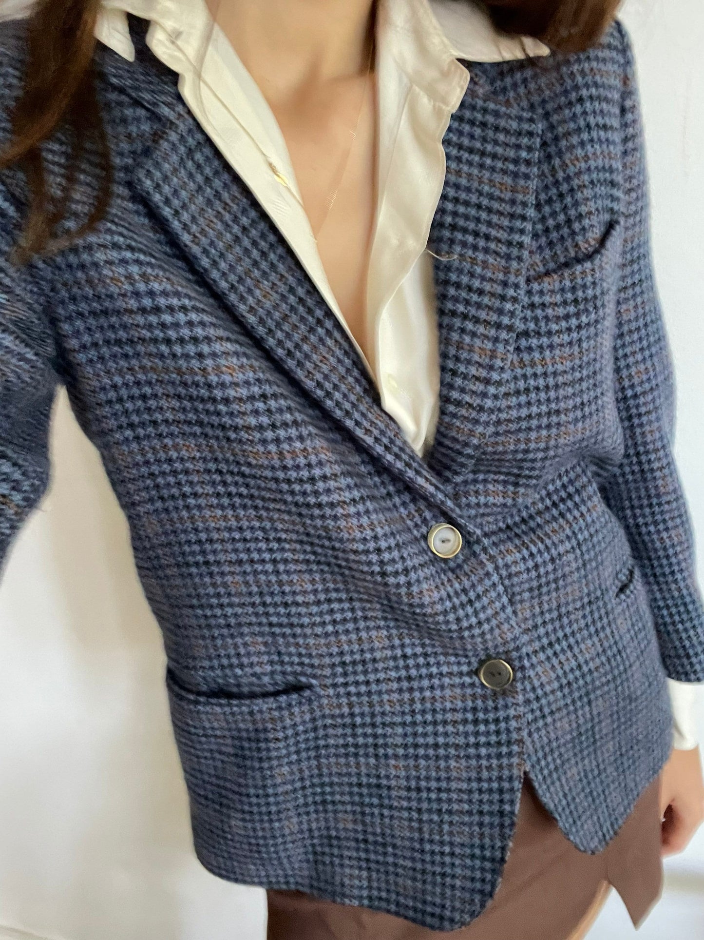 Vintage Wool Blazer Jacket – Blue Brown Plaid – Academia Aesthetic