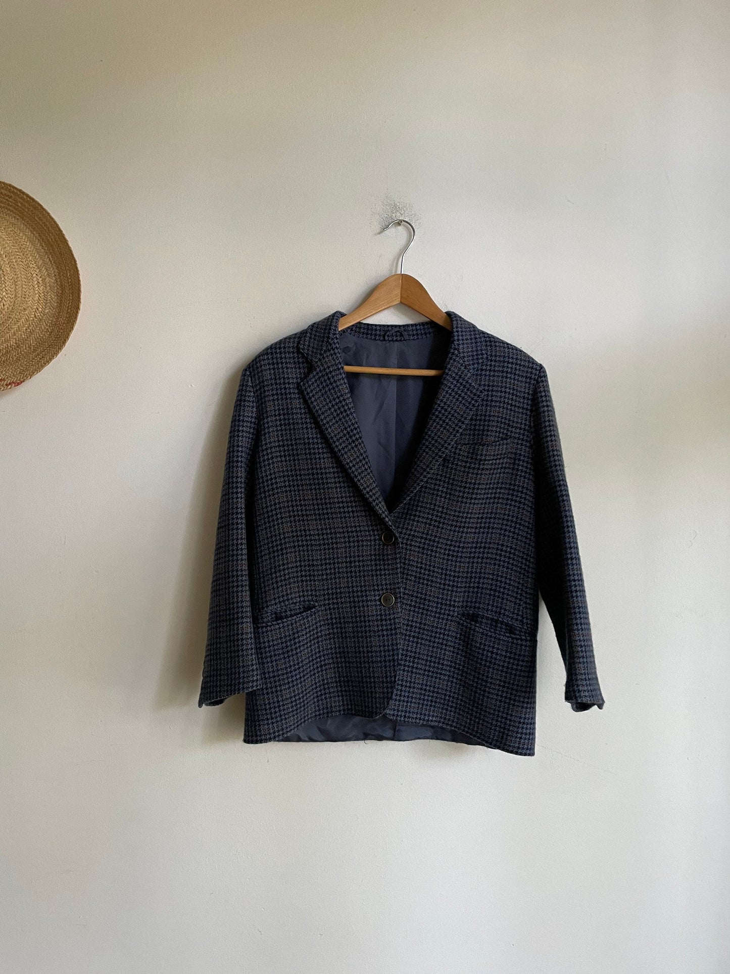 Vintage Wool Blazer Jacket – Blue Brown Plaid – Academia Aesthetic