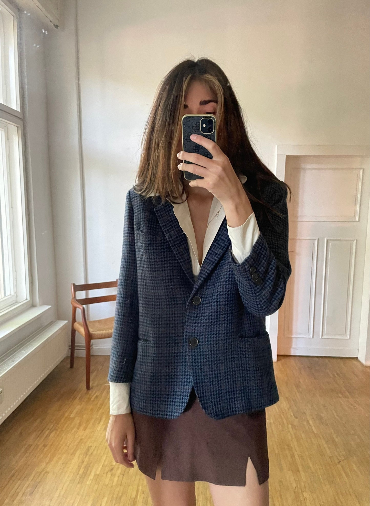 Vintage Wool Blazer Jacket – Blue Brown Plaid – Academia Aesthetic