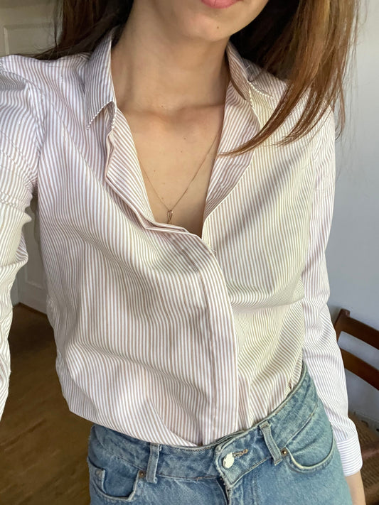 Pedro del Hierro long sleeve striped button up / Vintage designer shirt / Off white and tan striped shirt / gold detailing shirt