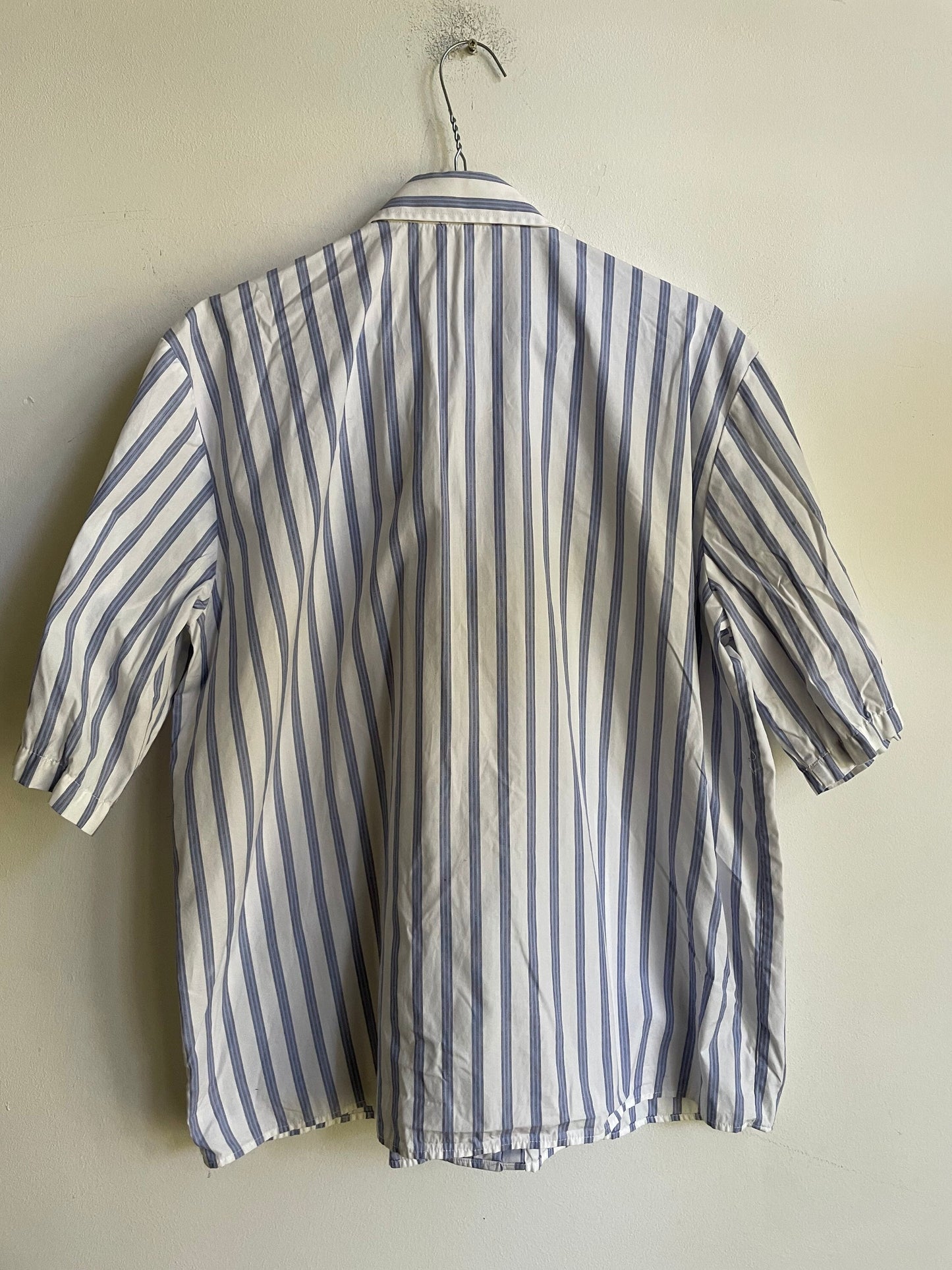 A B C teacher shirt, Blue and white striped vintage woman blouse, Cotton button up shirt, Embroidered retro clothing, Oversized blouse