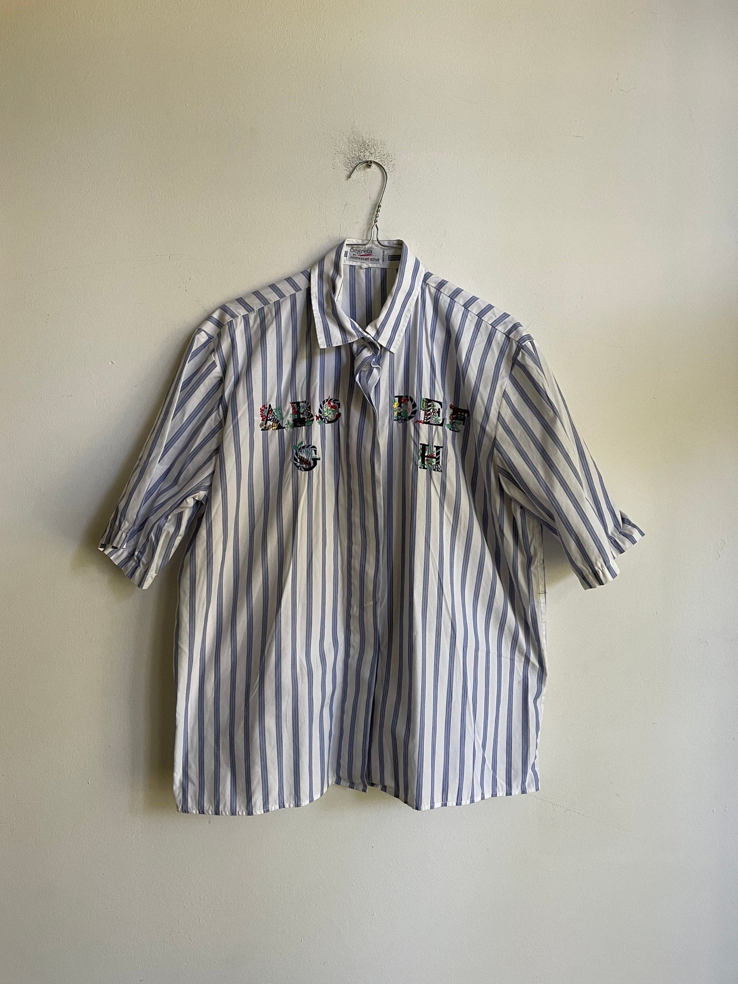 A B C teacher shirt, Blue and white striped vintage woman blouse, Cotton button up shirt, Embroidered retro clothing, Oversized blouse