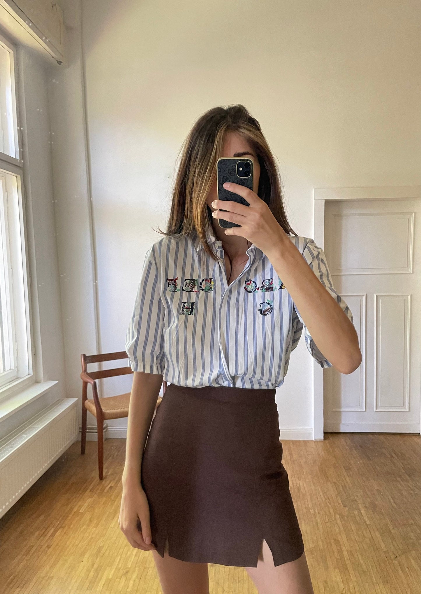 A B C teacher shirt, Blue and white striped vintage woman blouse, Cotton button up shirt, Embroidered retro clothing, Oversized blouse