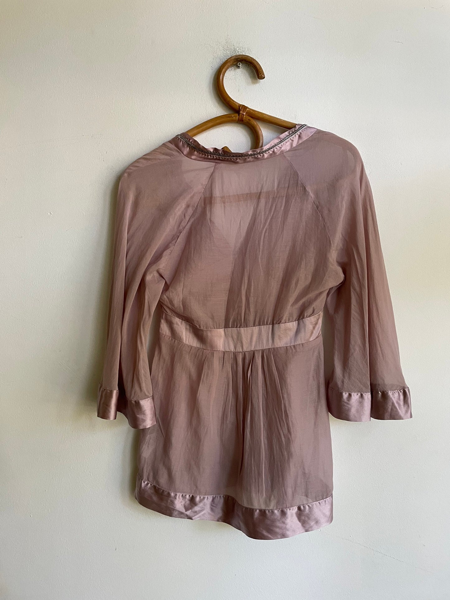 Dusty pink sheer woman blouse, Babydoll half sleeve sexy see through top, Beaded festive feminine blouse, Elegant deep v camisole