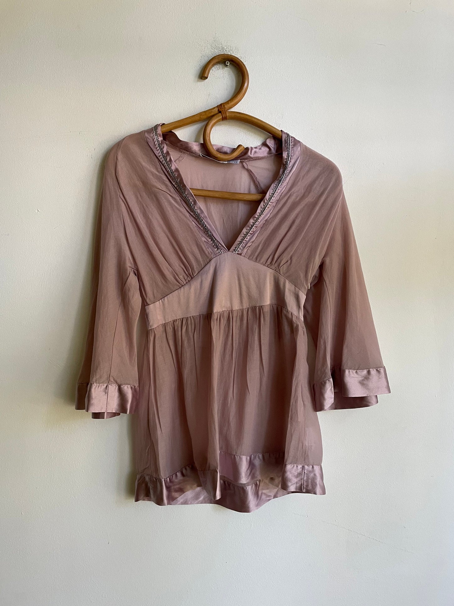 Dusty pink sheer woman blouse, Babydoll half sleeve sexy see through top, Beaded festive feminine blouse, Elegant deep v camisole