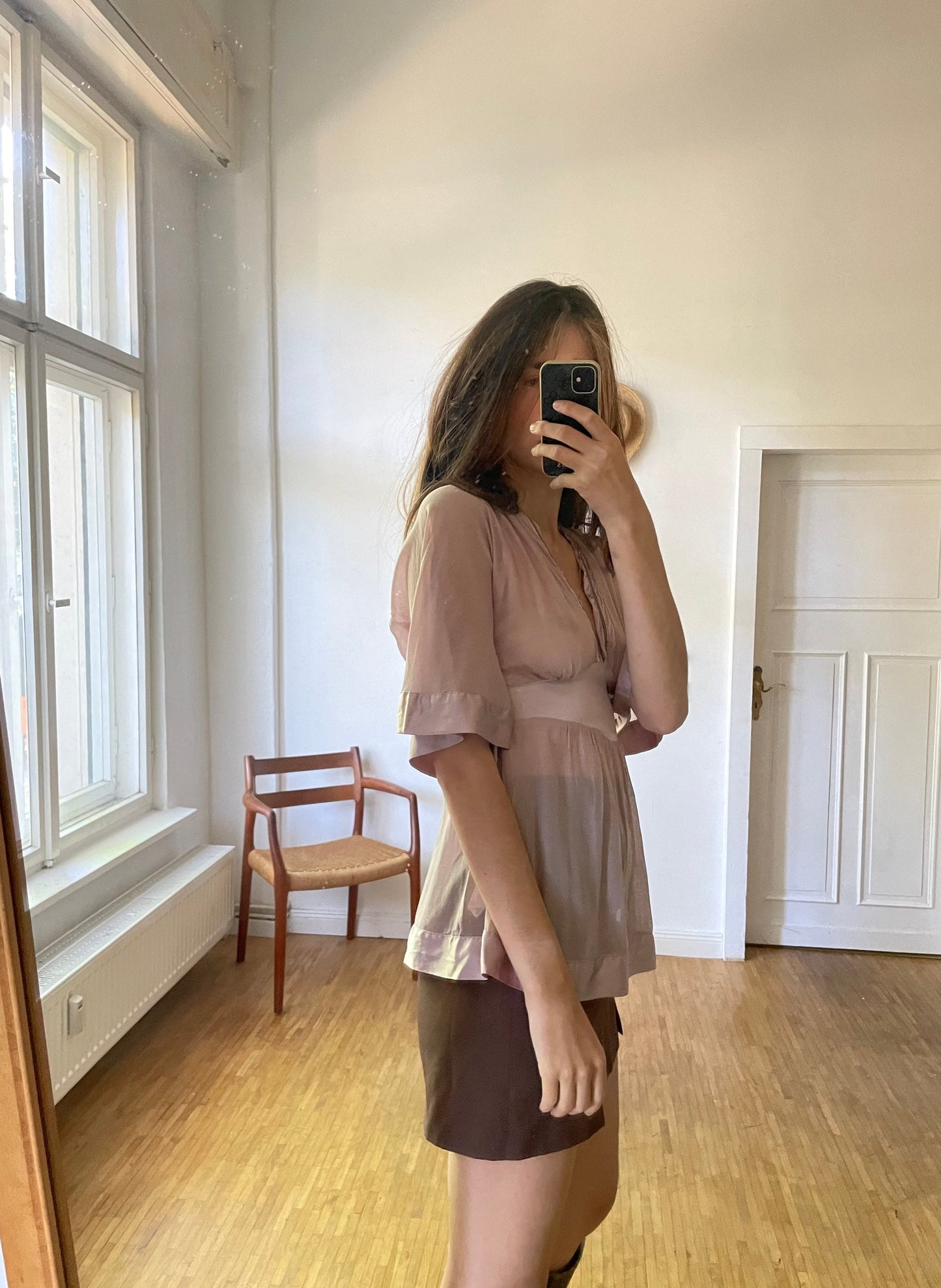 Dusty pink sheer woman blouse, Babydoll half sleeve sexy see through top, Beaded festive feminine blouse, Elegant deep v camisole