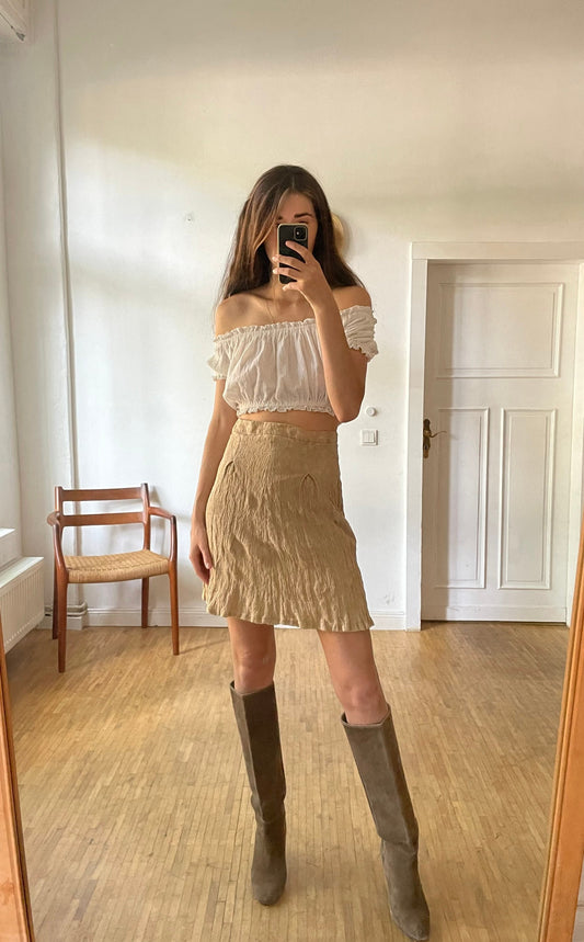 Caramel summer skirt, Tan high waist feminine midi skirt.