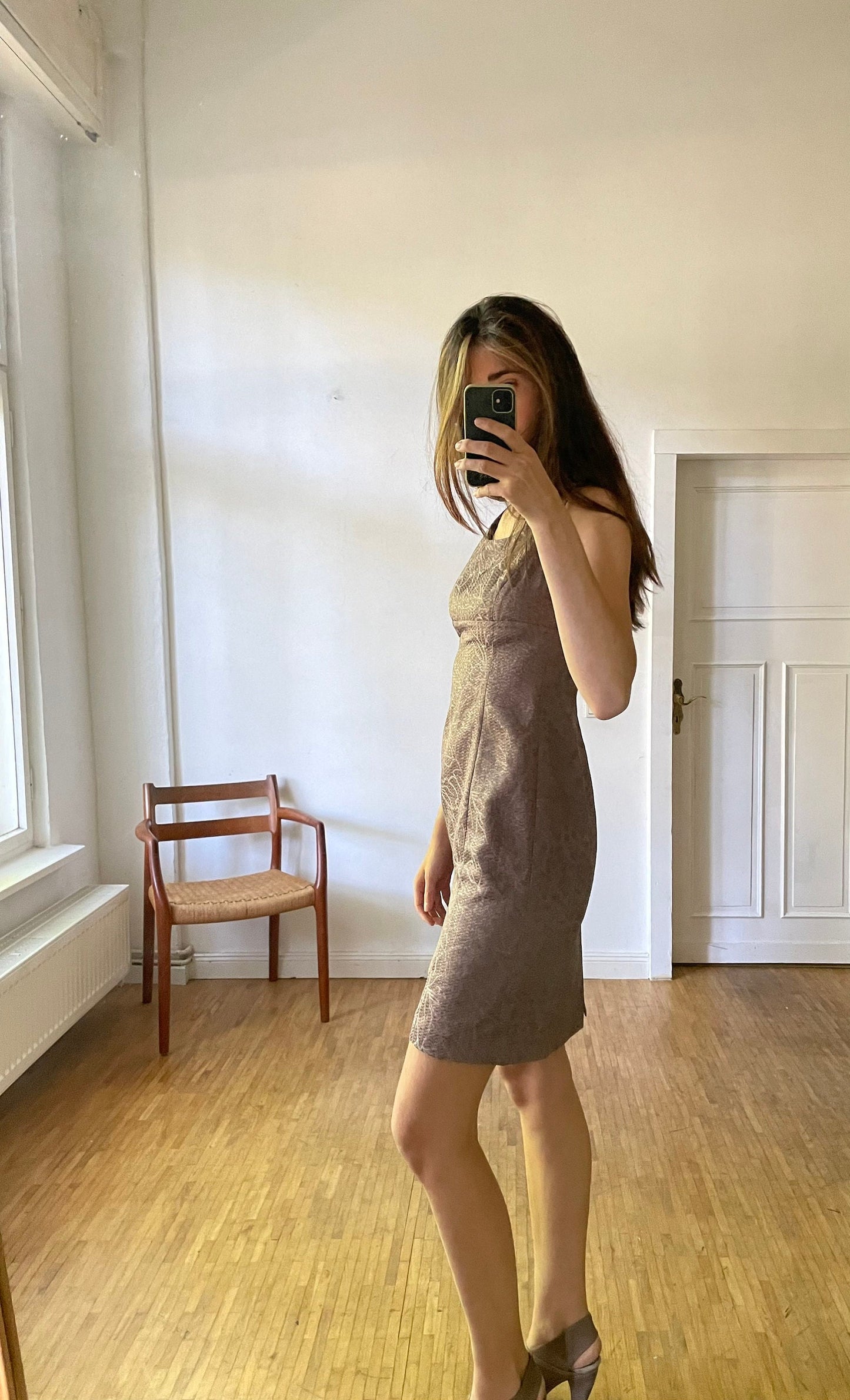 Bronze Armani collezioni formal midi dress, Tight pencil dress, Official cocktail dress, Midi bodycon, Vintage designer summer dress, S - M