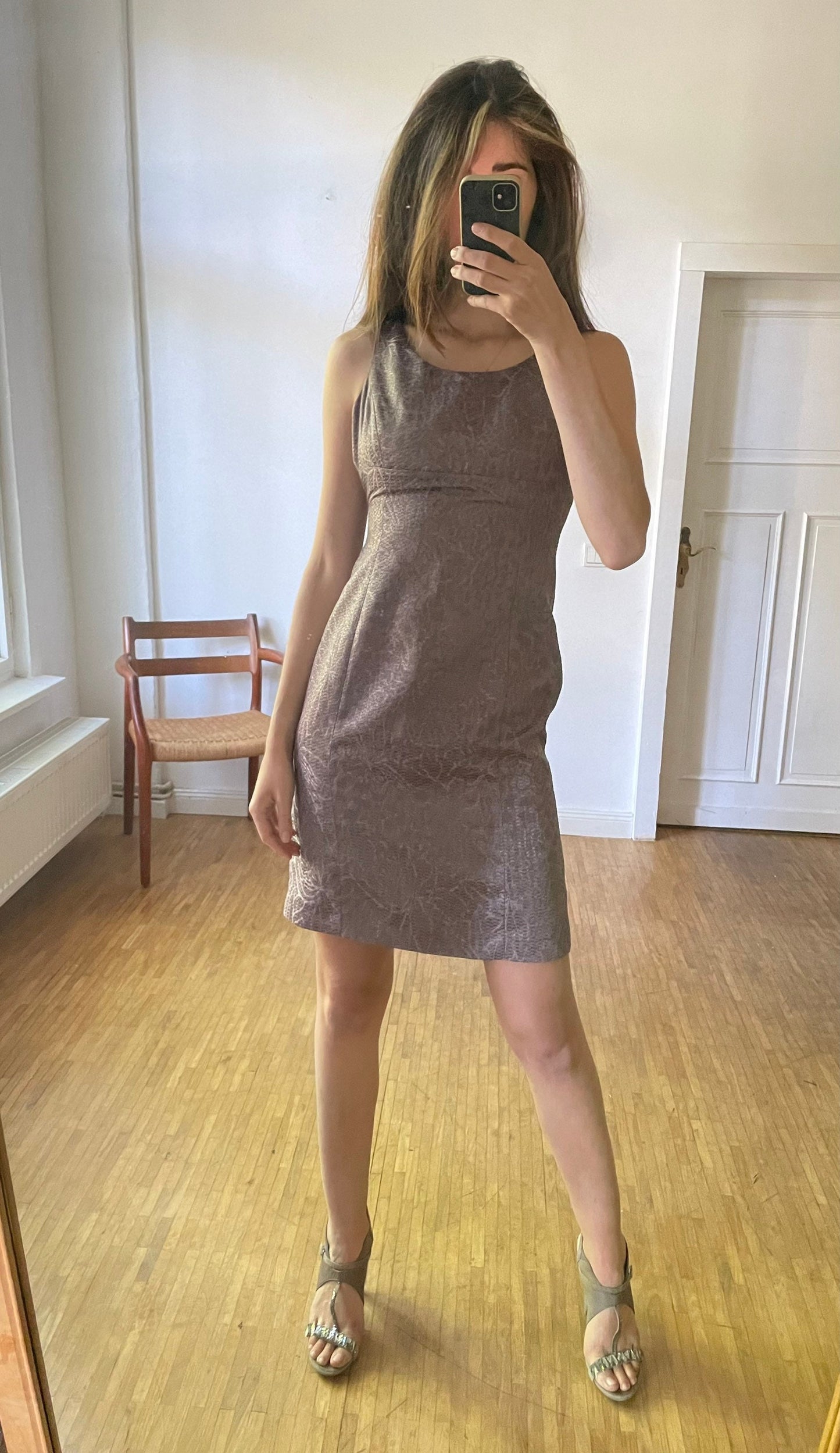 Bronze Armani collezioni formal midi dress, Tight pencil dress, Official cocktail dress, Midi bodycon, Vintage designer summer dress, S - M
