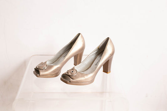 Roberto d'Angelo Golden Peep Toe Pumps, Metallic Block Heel, Designer Italian Buckle Shoes, Vintage Size 40, Festive High Heels