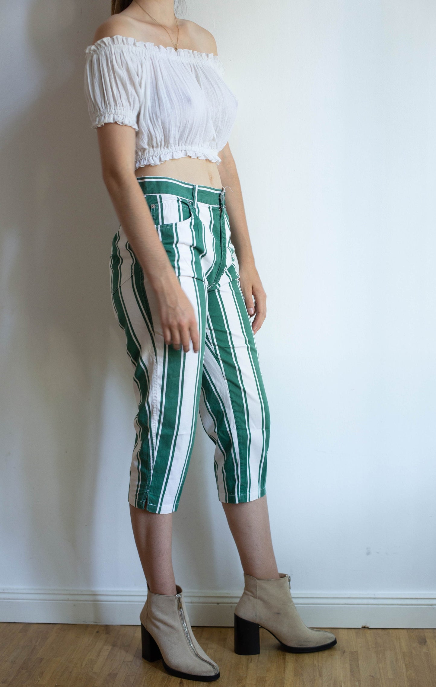 Marc Cain Vintage green and white striped 50s housewife pants, Retro striped pants, cropped vintage pants