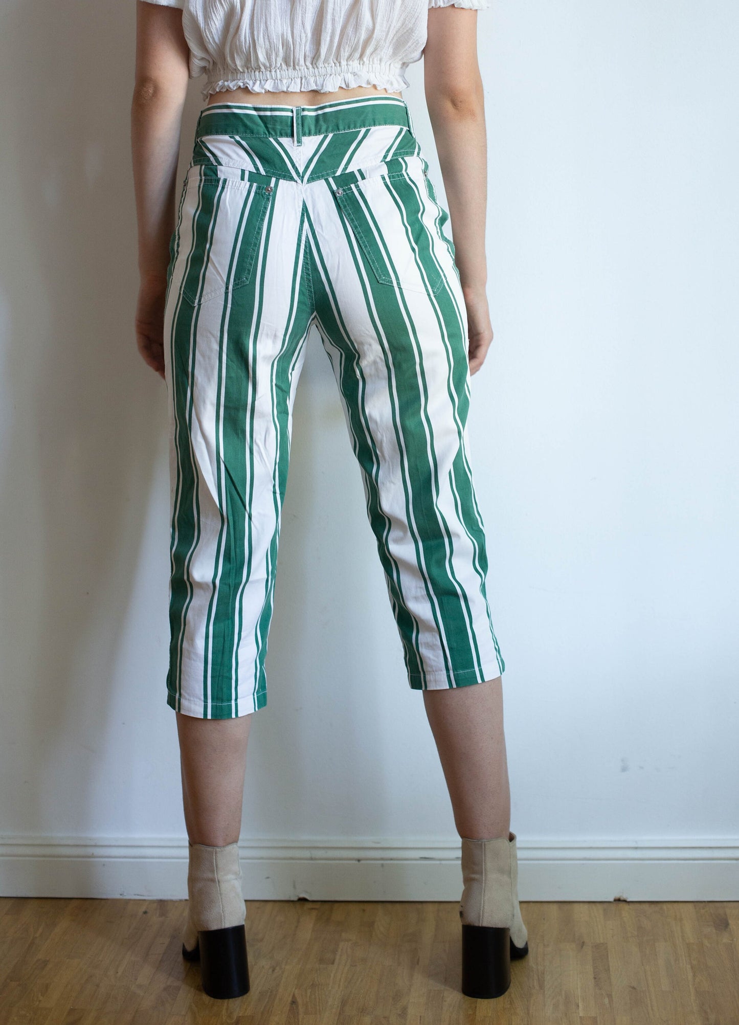 Marc Cain Vintage green and white striped 50s housewife pants, Retro striped pants, cropped vintage pants
