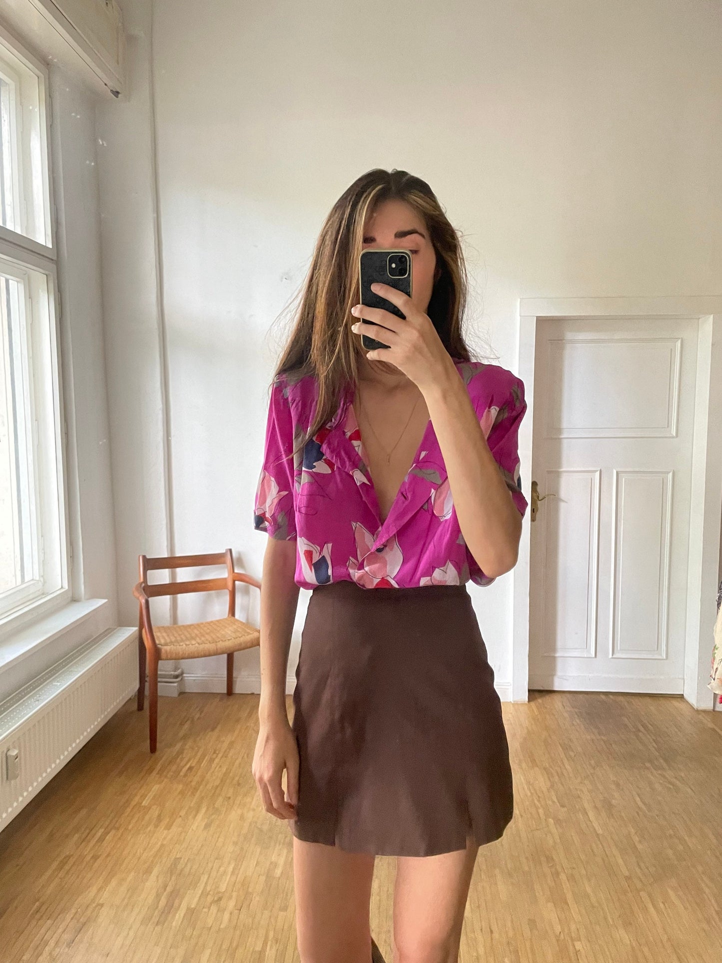 Vintage floral blouse in bold fuchsia with abstract tulip print, silk-feel slouchy fit top, romantic retro 90s aesthetic, Rachel Green vibe