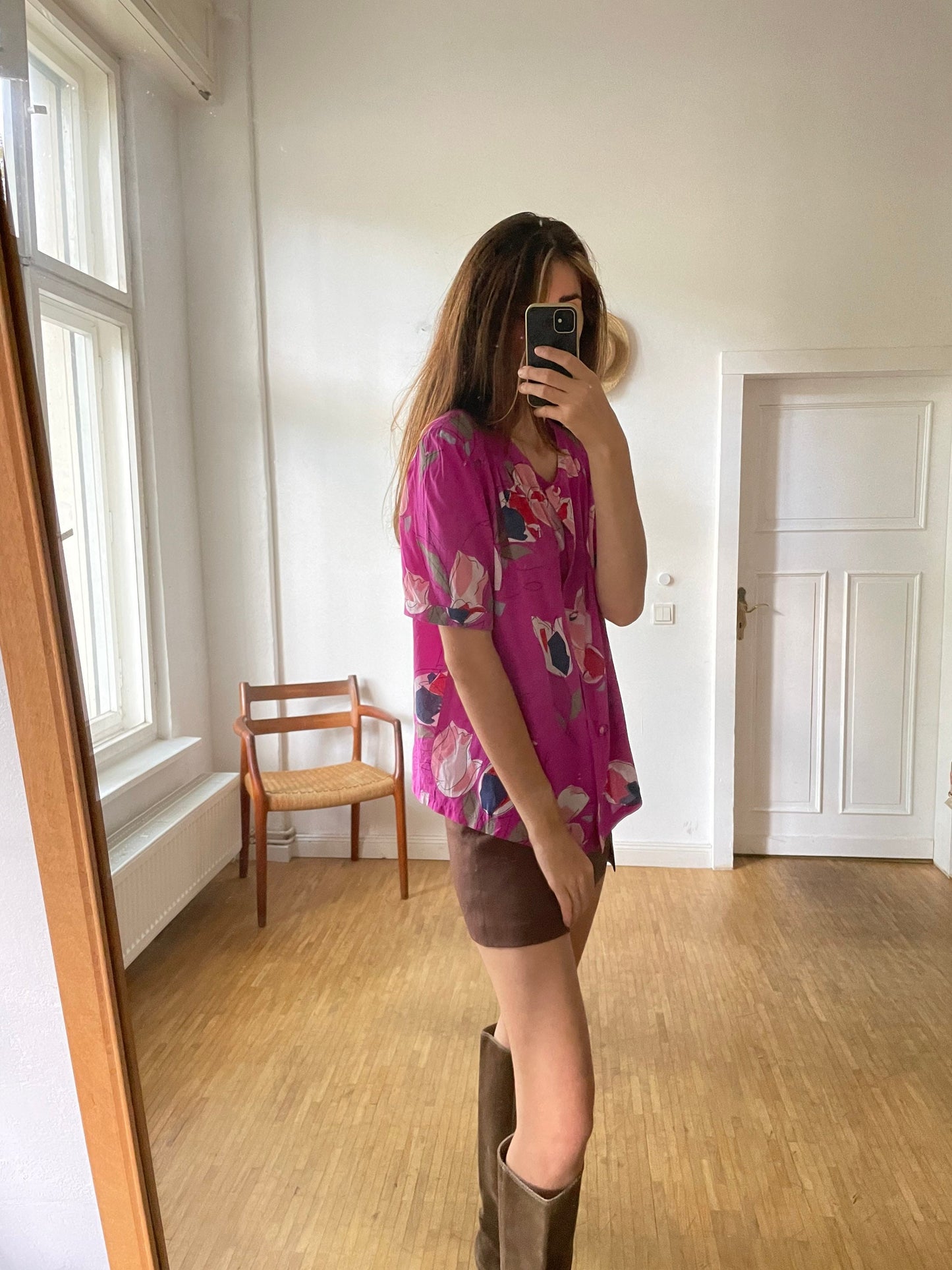 Vintage floral blouse in bold fuchsia with abstract tulip print, silk-feel slouchy fit top, romantic retro 90s aesthetic, Rachel Green vibe