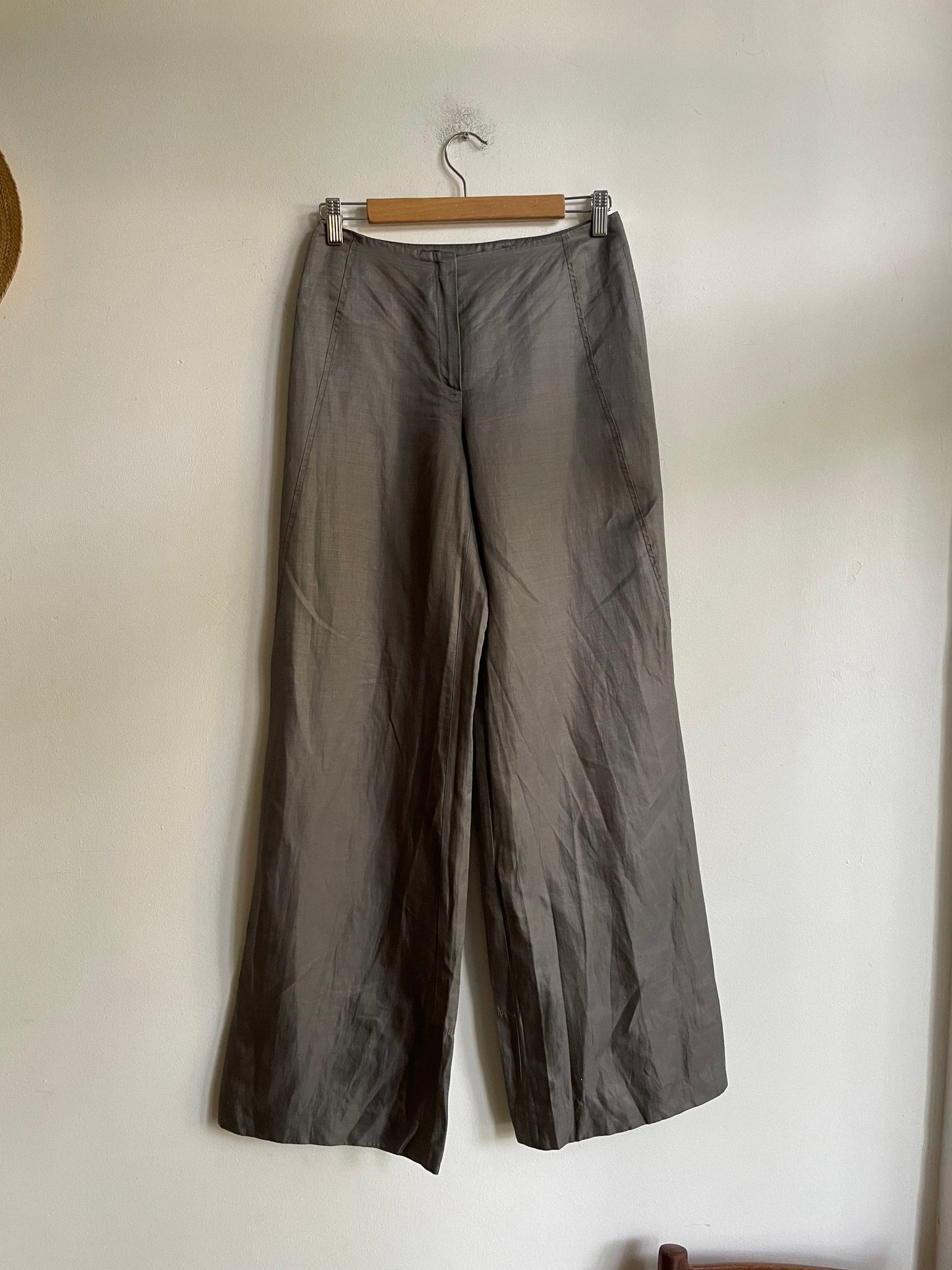 Claudia Sträter Vintage Grey Trousers – Linen Blend Wide-Leg Pants with Ankle Button Detail – Designer Office to Evening Style – Size 36